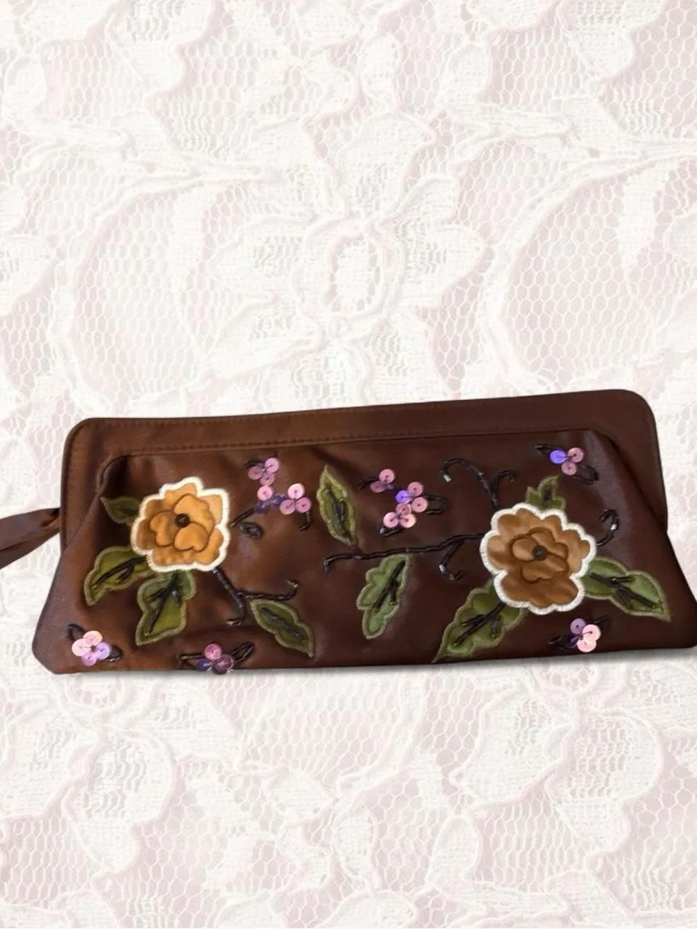 Embroidered Brown Floral Wristlet Clutch